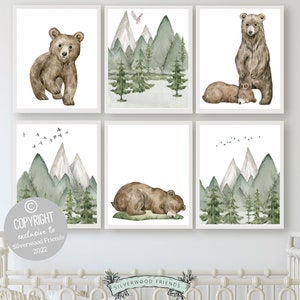 Set of 6 Baby Bear Nursery Prints, Bear Nursery Decor, Baby Animal Prints, Mountain Nursery Print, Green Nursery Decor, Woodsy Nursery Decor