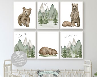 Set of 6 Baby Bear Nursery Prints, Bear Nursery Decor, Baby Animal Prints, Mountain Nursery Print, Green Nursery Decor, Woodsy Nursery Decor