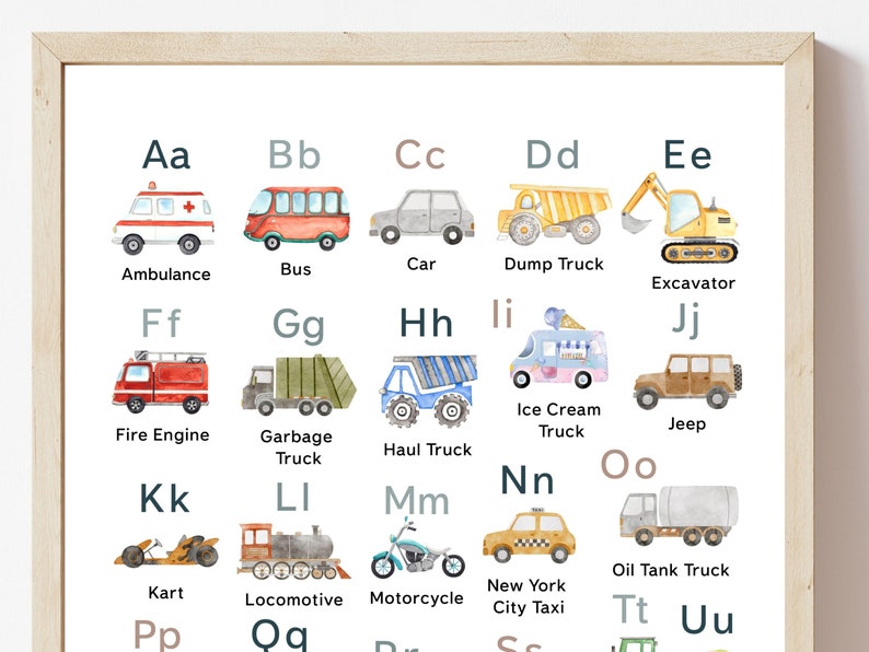 Transport Alphabet Print, Construction Vehicles ABC Print, Boys Nursery Decor, abc Playroom Poster,Homeschool Learning Letters Digital Print image 6