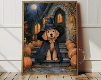 Puede incluir: Una impresión de arte mural enmarcada que muestra a un cachorro dorado con un sombrero de bruja negro y una capa con una pajarita naranja, sentado en escalones de piedra frente a una casa de noche, rodeado de calabazas y linternas brillantes.