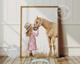May include: A watercolor painting of a young girl in a pink dress and a brown cowboy hat kissing a light brown horse on the nose. The horse is standing next to the girl and has a brown leather halter on.