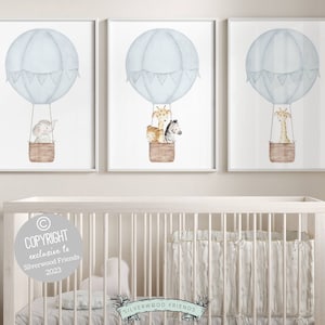 Boho Safari Nursery Decor, Watercolor Hot Air Balloon Nursery Prints, Baby Boy Blue Nursery Wall Art, Transport Adventure Kids Digital Print