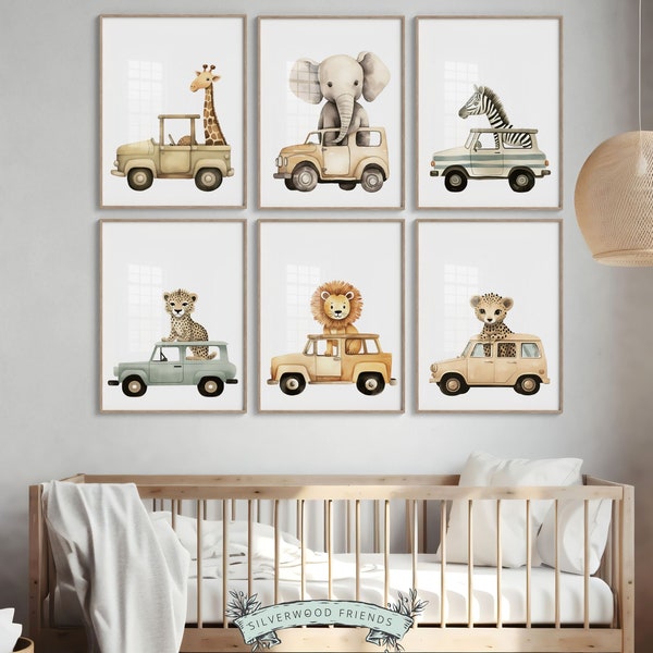 Safari Animal Car Nursery Prints, Jungle Animal Car Nursery Decor, Boys Toddler Room Safari Nursery Decor, Transport Nursery Digital Print