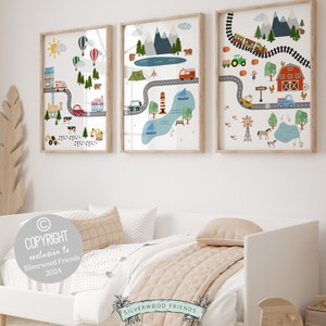 Car Nursery Prints, Boys Car Nursery Decor, Baby Boy Room Decor, Boy Nursery Wall Art, Road Map Print, Boys Transport Nursery Digital Prints