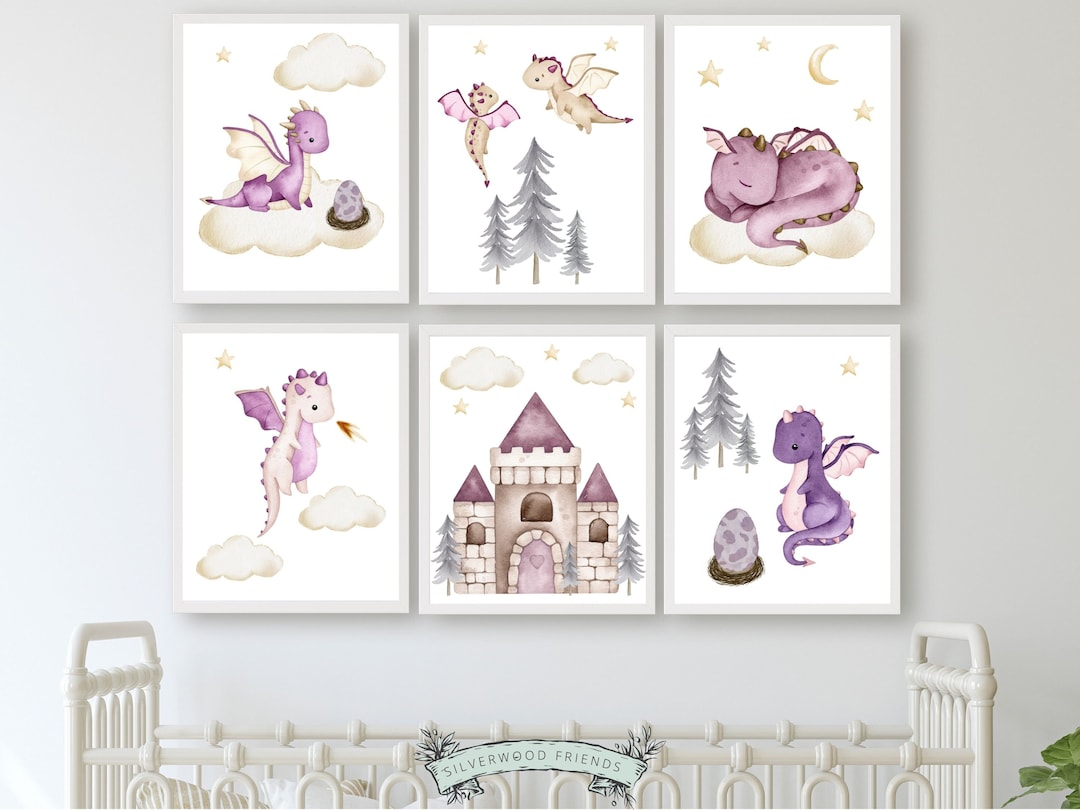 Baby Dragon Nursery Prints, Baby Girl Nursery Room Decor, Dragon Nursery Decor, Fantasy Nursery