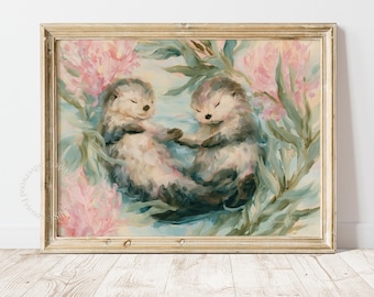 May include: A framed painting featuring two sea otters floating together, surrounded by soft pink flowers and green foliage. The otters have closed eyes and are depicted in a painterly style with visible brushstrokes in shades of brown and cream.