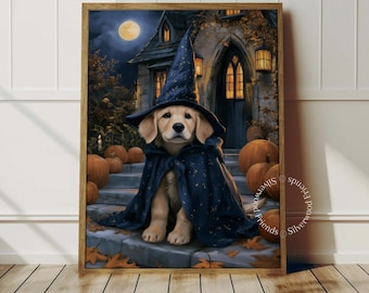 May include: A framed wall art print featuring a golden retriever puppy wearing a dark blue wizard hat and matching cape. The puppy sits on stone steps surrounded by orange pumpkins in front of a house at night under a full moon.