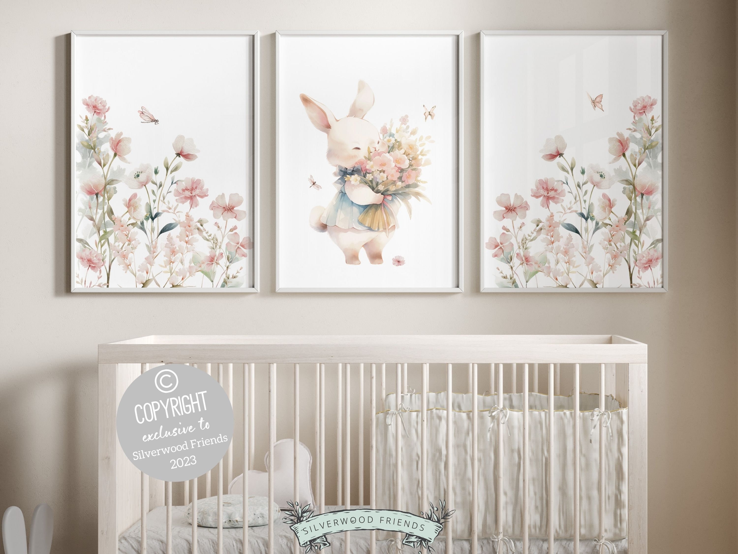 ORIGINAL Wildflower Bunny Nursery Print, Floral Bunny Nursery Wall
