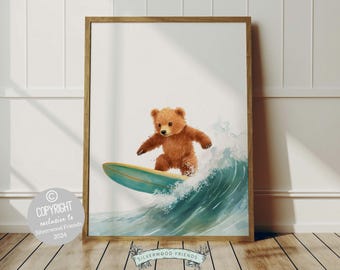 Bear Surfing Nursery Print, Coastal Beach House Surf Nursery Decor, Surfing Animal Nursery Wall Art, Kids Surf Room Wall Decor Digital Print