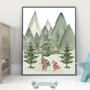 Camping Nursery Print, Bear Nursery Decor, Bear Nursery Print, Green Mountain Nursery Decor, Woodsy Nursery Decor, Fox Nursery Digital Print