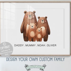 Bear Nursery Print, Woodland Bear Nursery Decor, Personalized Family Print, Newborn Baby Name Gift, Teddy Bear Neutral Nursery Digital Print