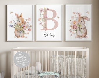 Bunny Nursery Prints, Floral Bunny Nursery Wall Art, Wildflower Nursery Decor, Girl Nursery Prints, Wild Flower Floral Nursery Digital Print