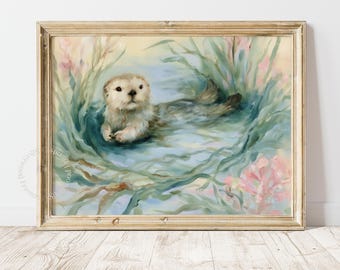 Baby Sea Otter Nursery Wall Art, Soft Coastal Sea Animal Decor, Beach House Kids Print (Digital Download) 72