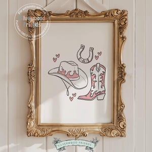 Pink Cowgirl Hat Print, Cowgirl Boots Print, Martini Print, Bar Cart Art Coquette Room Decor, Western Horseshoe Dopamine Decor Digital Print