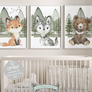 Woodland Nursery Animal Prints, Baby Boy Nursery Prints, Wolf Bear Fox Print, Woodland Nursery Decor, Mountain Forest Nursery Digital Prints
