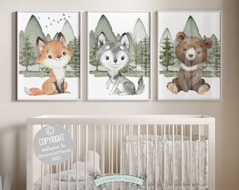 Woodland Nursery Animal Prints, Baby Boy Nursery Prints, Wolf Bear Fox Print, Woodland Nursery Decor, Mountain Forest Nursery Digital Prints