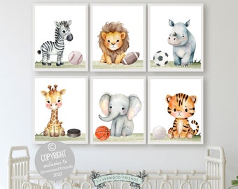 Boys Safari Sport Nursery Decor, Boy Sport Ball Nursery Print, Hockey Baseball Football Basketball Golf Sports Animals Nursery Digital Print