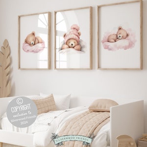 Baby Mädchen Teddy Bär Kinderzimmer Drucke, Teddybär Kinderzimmer Dekor, rosa Teddybär Kinderzimmer Wandkunst, Baby Mädchen-Raum-Wand-Dekor Digitaldrucke