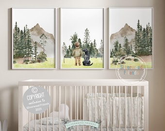 May include: Set of three framed watercolor prints. Each print features a mountain landscape with trees and a child with a black dog. The artwork has a soft color palette of greens, browns, and beige. The copyright is exclusive to Silverwood Friends 2025.