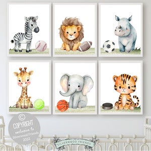 Boys Safari Sport Nursery Decor, Boy Sport Ball Nursery Print, Animals Playing Sports Poster, Baby Animal Sport Balls Nursery Digital Print