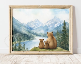 Mama Bear Cubs Lake Mountain Nursery Print, Woodland Bears Nursery Printable Wall Art (Digital Download) 284