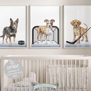 Ice Hockey Nursery Print, Hockey Nursery Decor, Dog Nursery Decor, Dog Nursery Print, Hockey Playing Animal Nursery, Hockey Puck Goal Stick