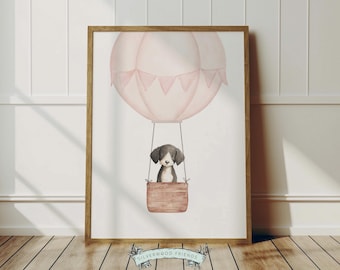 Pink Watercolor Hot Air Balloon Dog Nursery Print, Baby Girl Puppy Nursery Wall Art, Baby Girl Pink Puppy Dog Nursery Decor Digital Print