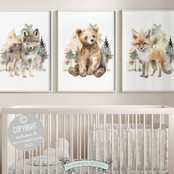 Woodland Animal Nursery Prints, Forest Animal Nursery Decor, Woodland Nursery Decor, Watercolor Baby Bear Wolf Fox Nursery Digital Prints