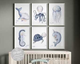 Sea Animals Ocean Nursery Decor, Set of 6, Sea Life Nursery Wall Art, Under The Sea Nursery Prints, Whale Print, Sea Theme, Nautical Nursery