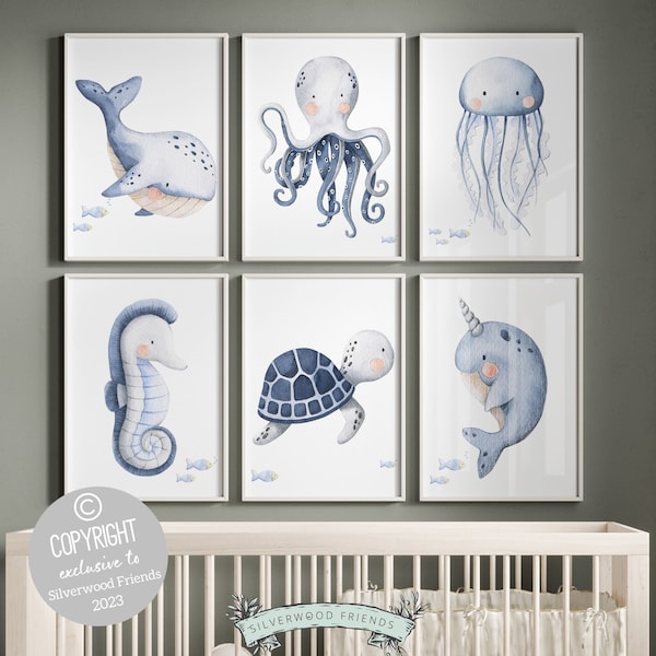 Décoration de chambre d'animaux marins océan, lot de 6, art mural Sea Life, chambre de bébé sous la mer, impressions de baleines, thème de la mer, chambre de bébé nautique