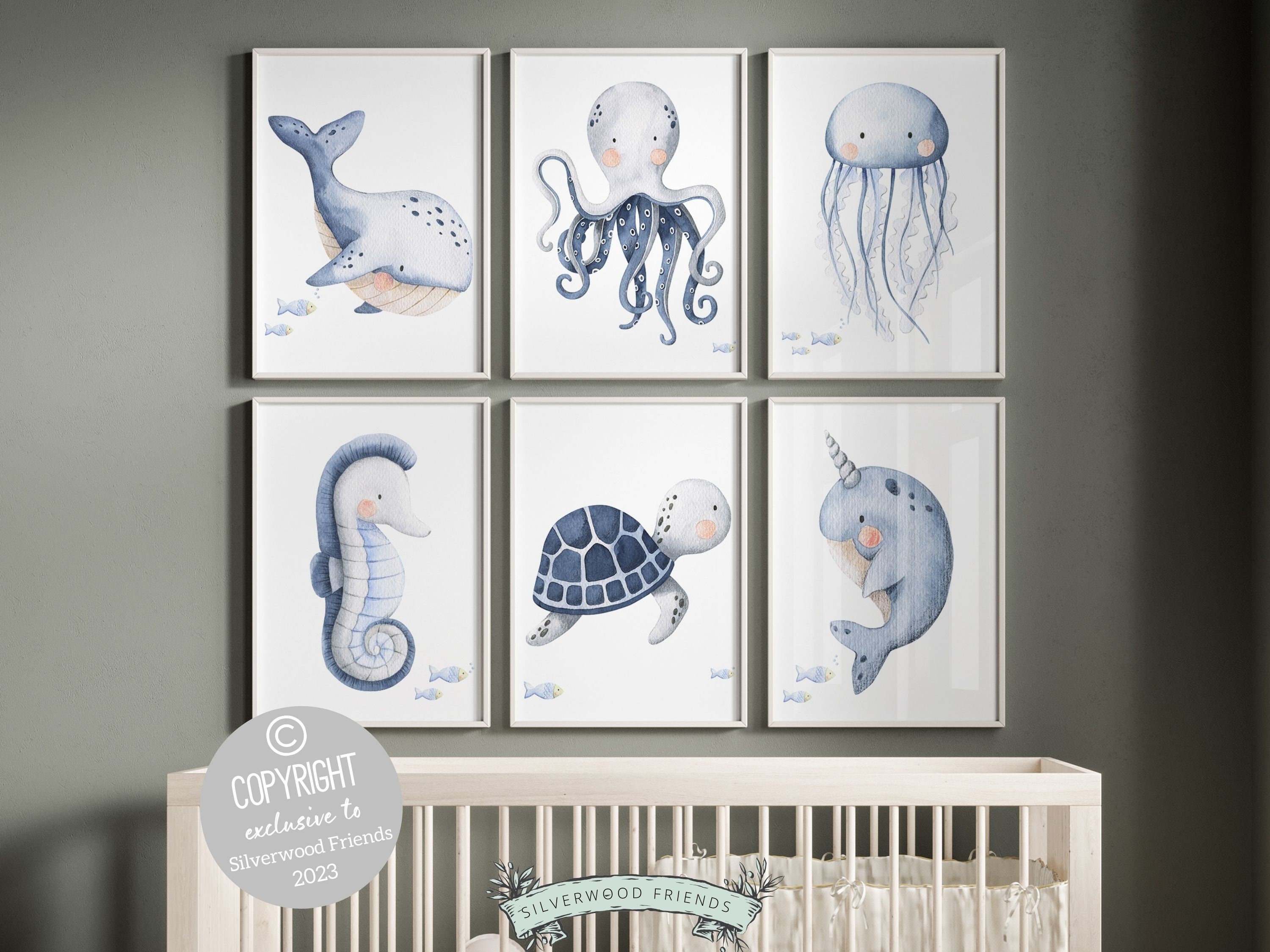 6-Piece Ocean Animal Wooden Nursery Decor Blocks – Baby Room Shelf Decor, Watercolor Theme