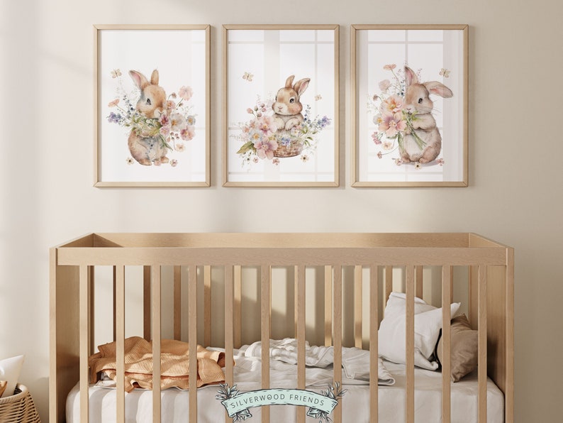 Bunny Nursery Prints, Floral Bunny Nursery Wall Art, Wildflower Nursery Decor, Girl Nursery Prints, Bunny Wildflower Nursery Digital Print immagine 9