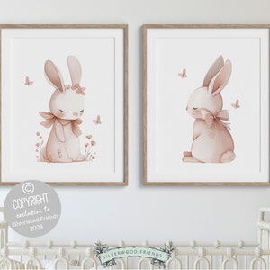 Bunny Nursery Prints, Floral Bunny Nursery Wall Art, Wildflower Nursery Decor, Girls Nursery Prints, Blush Pink Bunny Nursery Digital Prints
