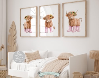 Highland Cow Nursery Print, Baby Girl Pink Highland Cow Sunflower Nursery Decor Gift, Baby Girl Farm Bedroom Floral Wall Decor Digital Print