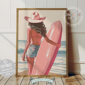 Pink Surfboard Print, Coastal Cowgirl Decor, Pink Dorm Room Surfing Decor, Girl Surfer Poster Teen Girl Beach House Wall Decor Digital Print