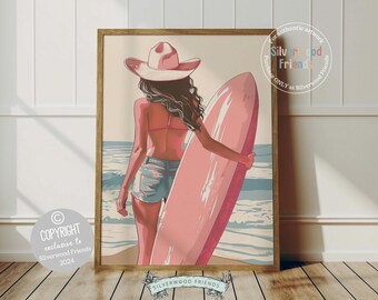 Pink Surfboard Print, Coastal Cowgirl Decor, Pink Dorm Room Surfing Decor, Girl Surfer Poster Teen Girl Beach House Wall Decor Digital Print