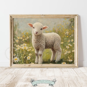 Lamb in Meadow Oil Painting, Farmhouse Lamb Nursery Wall Art (Digital Download) 58