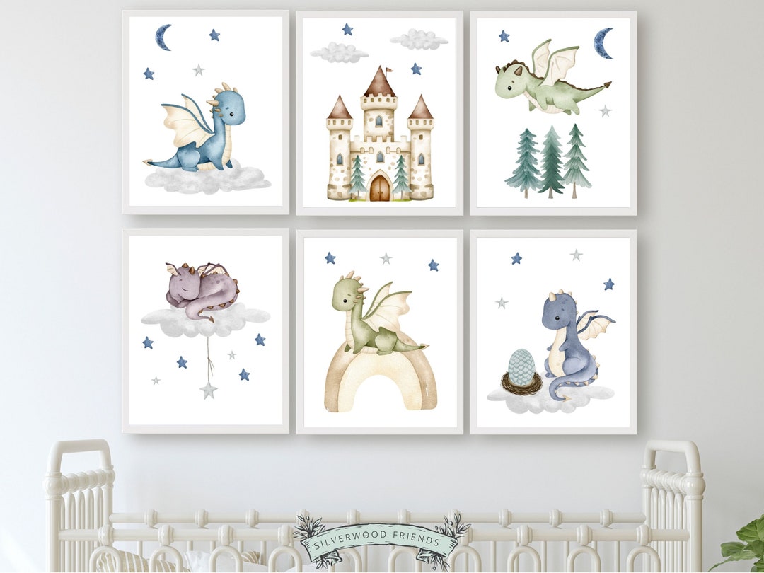 Set of 6 Baby Dragon Nursery Prints, Dragon Nursery Decor, Fairytale ...