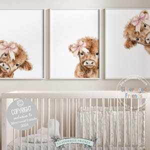 Peeking Highland Cow Nursery Print, Baby Girl Highland Cow Nursery Decor Gift, Baby Girl Farm Bedroom Pink Bow Wall Decor Digital Prints