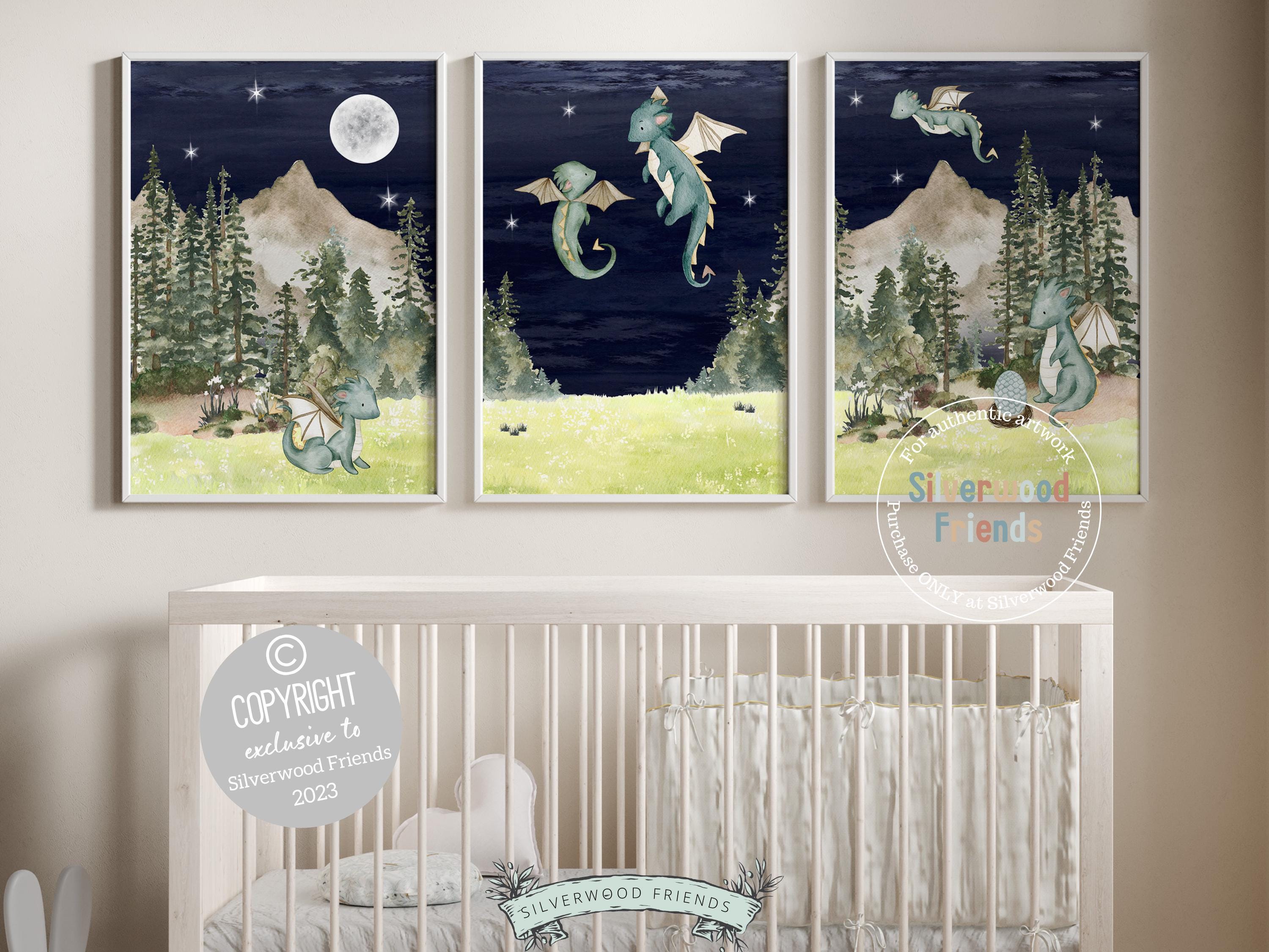 Baby Dragon Nursery Prints, Dragon Nursery Decor, Dragon Nursery Wall Art, Dragon Baby Shower, Woodland Forest Nursery Decor Digital Prints