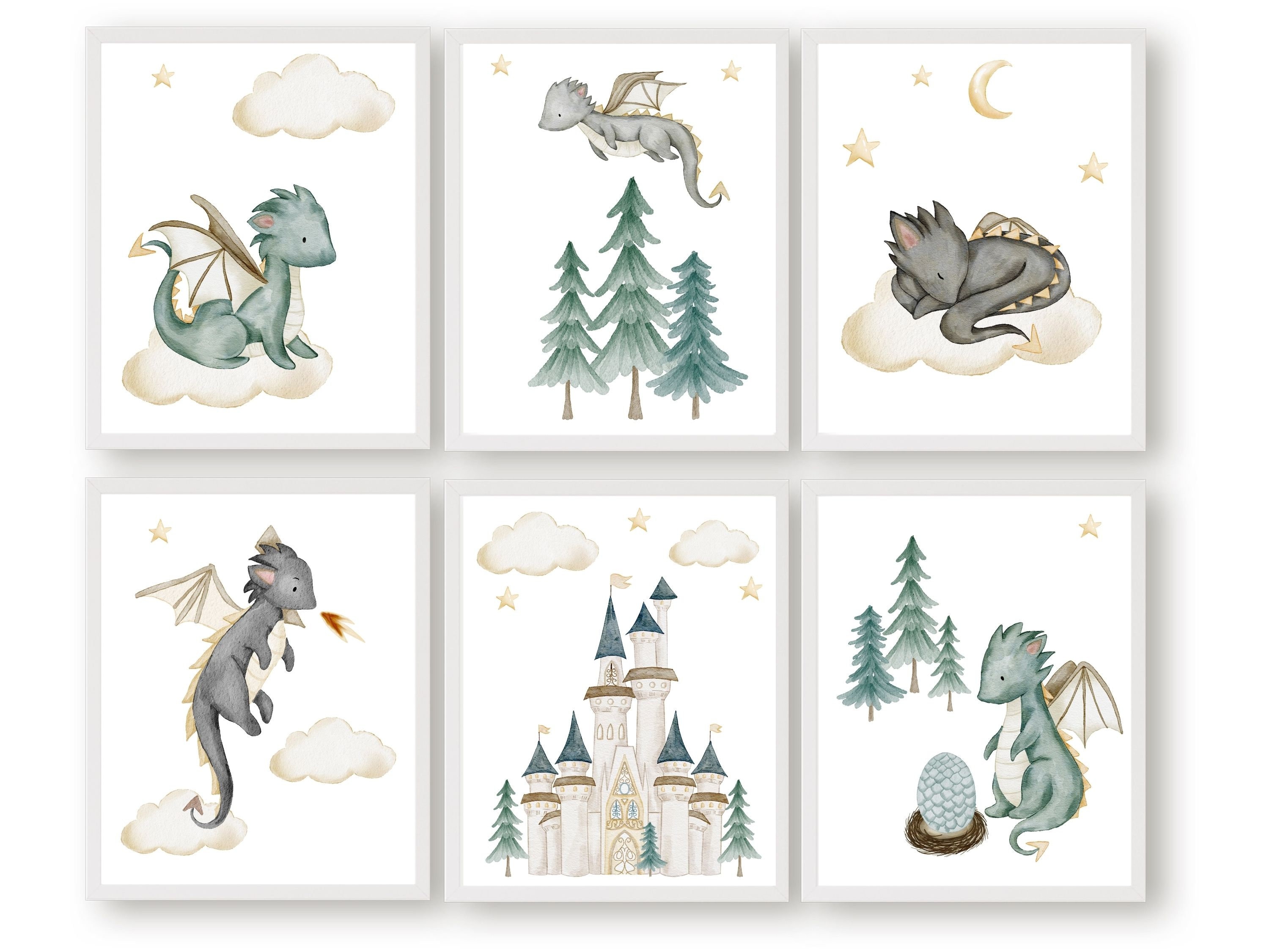 Set of 6 Baby Dragon Nursery Prints, Dragon Nursery Decor, Fairytale ...