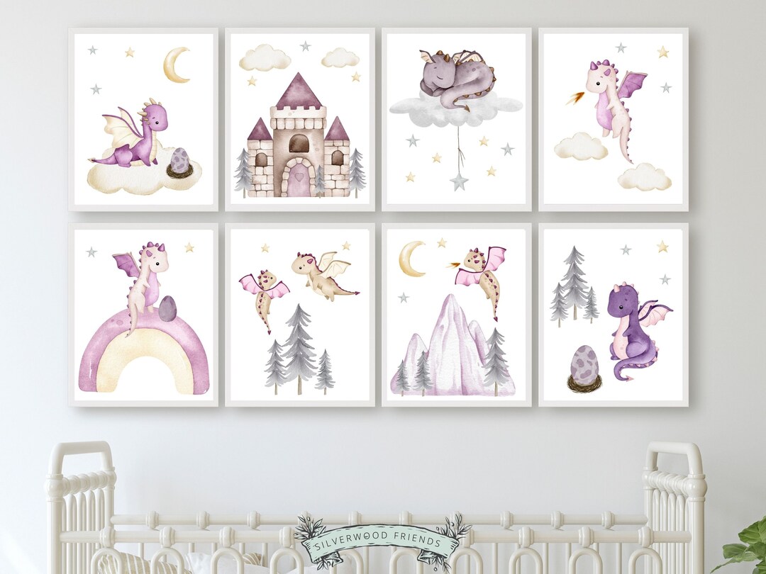 Baby Dragon Nursery Prints Set of 8, Girls Dragon Nursery Decor, Fairytale Dungeons Dragons