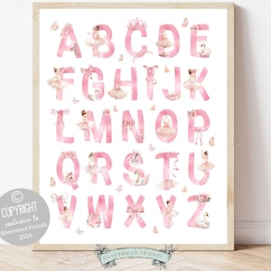 Ballet Alphabet Print, showcasing watercolor ballerinas and ballet elements for an engaging educational experience. Perfect for your ballet nursery decor or as a unique baby shower gift, it complements our best selling ballet nursery prints.