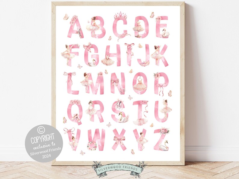 Ballet Alphabet Print, showcasing watercolor ballerinas and ballet elements for an engaging educational experience. Perfect for your ballet nursery decor or as a unique baby shower gift, it complements our best selling ballet nursery prints.