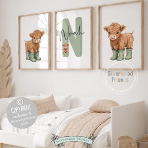 Highland Cow Nursery Prints, Highland Cow Personalized Nursery Decor, Highland Cow Nursery Wall Art, Baby Farm Animal Nursery Digital Print