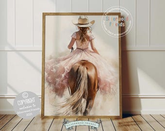 May include: A watercolor painting of a girl wearing a pink dress and a cowboy hat riding a brown horse. The girl's hair is long and blonde, and the horse's tail is flowing in the wind.