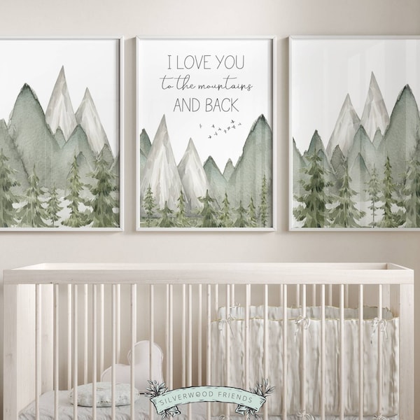 Set of 3 Mountain Print Set, Mountain Nursery Print, Woodland Forest Tree Nursery Decor, I Love You To The Mountains And Back Digital Print