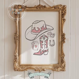Pink Cowgirl Hat Print, Cowgirl Boots Print, Martini Print, Coquette Room Decor, Western Horseshoe Wall Art, Dopamine Decor Digital Print