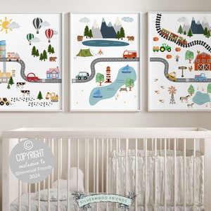 Car Nursery Prints, Boys Car Nursery Decor, Baby Boy Room Decor, Boy Nursery Wall Art, Road Map Print, Boys Transport Nursery Digital Prints