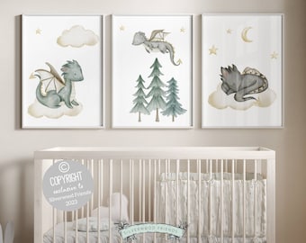 Baby Dragon Nursery Prints, Dragon Nursery Decor, Fairytale Nursery Decor, Dragon Nursery Wall Art, Fantasy Nursery Kids Room Digital Prints